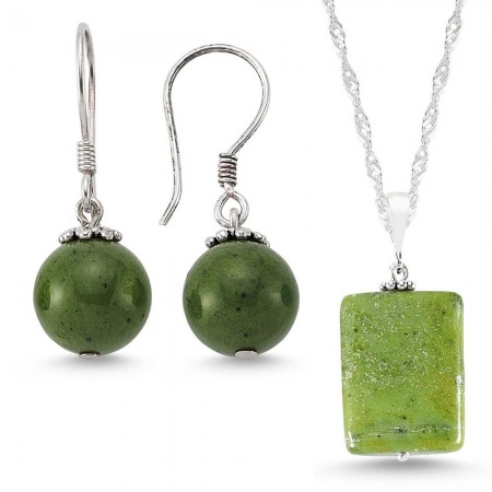 925 Ayar Gümüşlü Yeşim Taşı Küpe ve Kolye - Tesbihane