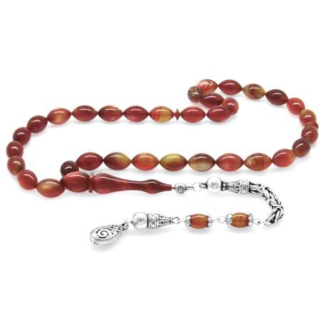 925 Ayar Gümüş Kral Püsküllü Arpa Kesim Sedefli Sarı - Kırmızı Colorful Katalin Tesbih - Tesbihane