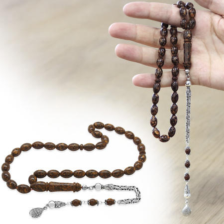 925 Ayar Gümüş Kral Zincir Püsküllü Arpa Kesim Kahverengi Kokulu Tarçın Ağacı Tesbih - Tesbihane