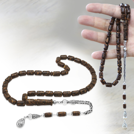 925 Ayar Gümüş Kral Zincir Püsküllü Kapsül Kesim Kahverengi Kokulu Tarçın Ağacı Tesbih - Tesbihane