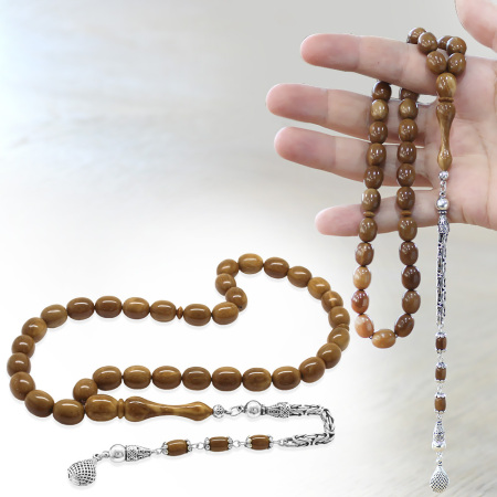 925 Ayar Gümüş Kral Püsküllü Kum Saati İmame Tasarım Tombul Kapsül Kesim Kahverengi Kuka Tesbih - Tesbihane