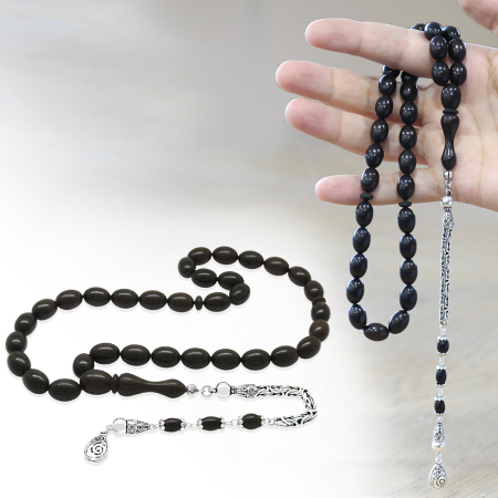 925 Ayar Gümüş Kral Zincir Püsküllü Özel Kesim Abanoz Ağacı Tesbih - Tesbihane