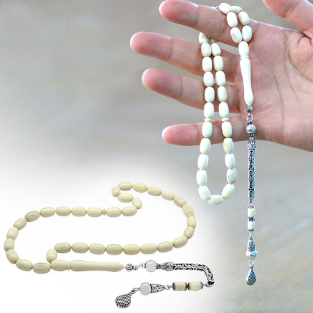 925 Ayar Gümüş Kral Zincir Püsküllü Tombul Kapsül Kesim Naturel Renk Deve Kemiği Tesbih - Tesbihane