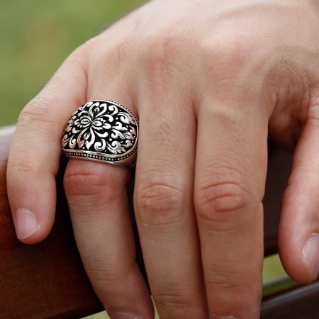 925 Ayar Otantik İşlemeli Gümüş Yüzük - Tesbihane