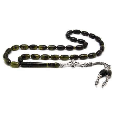 925 Ayar Yaprak Püsküllü Kolye Kesim Yeşil Sıkma Kehribar Tesbih - Tesbihane