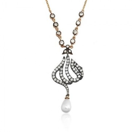 925 AYAR ZİRKON TAŞLI ALLAH YAZILI İNCİLİ KOLYE - Tesbihane