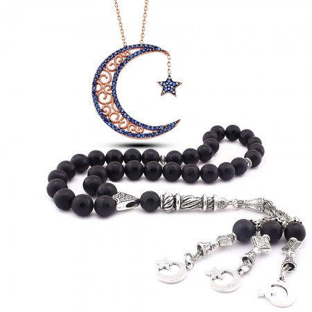 925 Ayar Zirkon Taşlı AyYıldız Kolye ve Ayyıldız İşlemeli Oniks Tesbih Kombini - Tesbihane