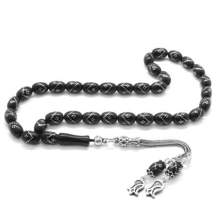 925 Ayar Gümüş Püsküllü Gümüş Tek Zigzag İşlemeli Arpa Kesim Rus Oltu Tesbih - Tesbihane