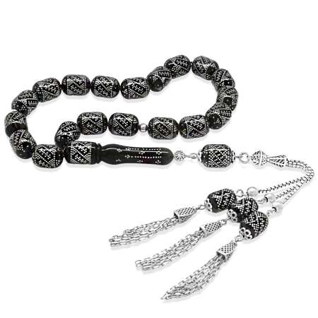 9300 Adet Gümüş Muhammed Aydoğan Eseri Çakım 925 Ayar Gümüş Püskül Kapsül Kesim Oltu Taşı Efe Tesbih - Tesbihane