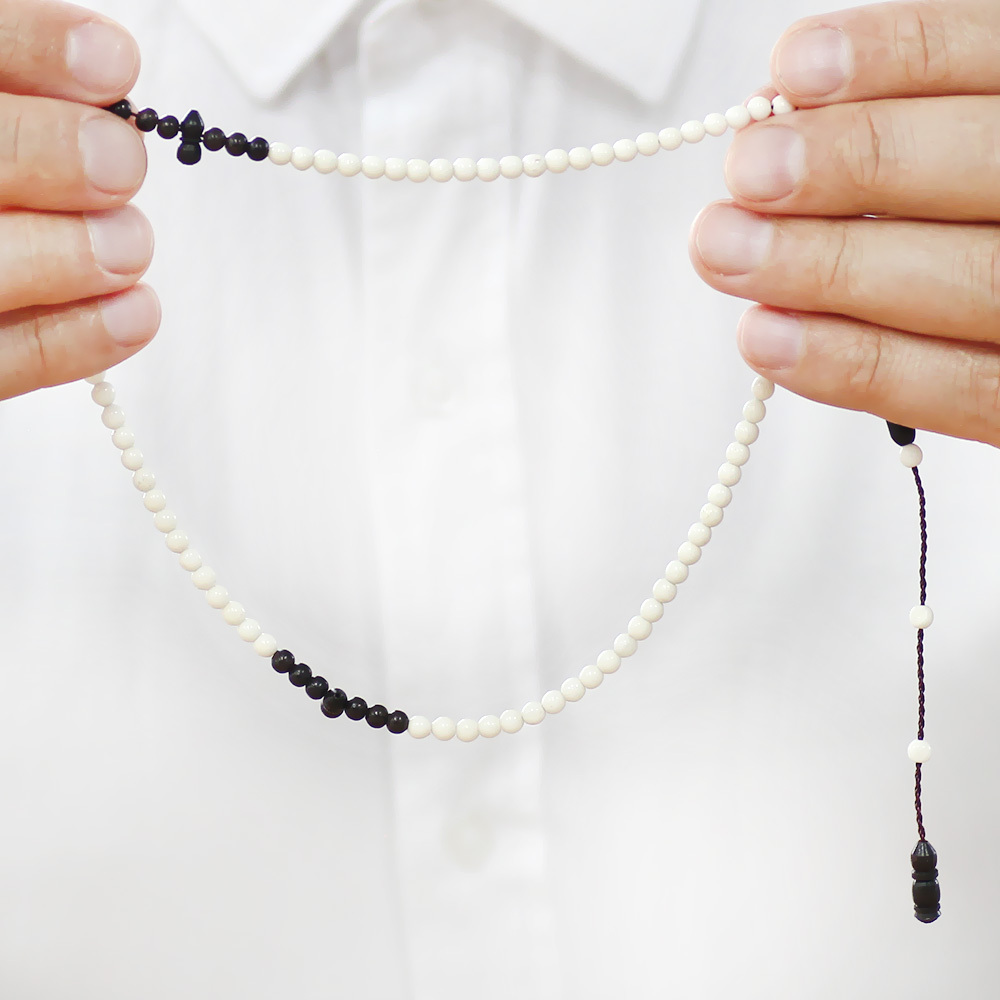 Abanoz Ağacı Namaz Tesbihi - Deve Kemiği Kombinli - Siyah Beyaz Renk - Sistemli - Küre Kesim - 3