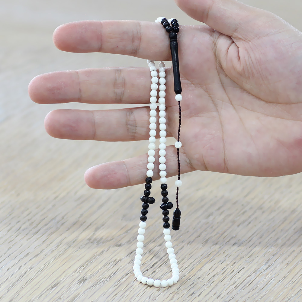 Abanoz Ağacı Namaz Tesbihi - Deve Kemiği Kombinli - Siyah Beyaz Renk - Sistemli - Küre Kesim - 2