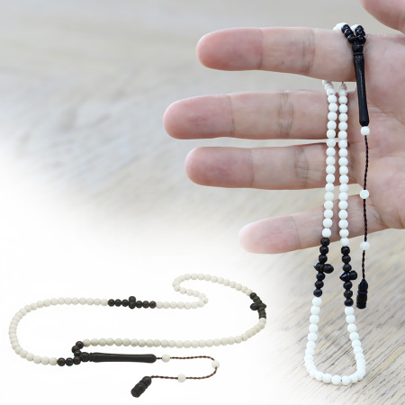 Abanoz Ağacı Namaz Tesbihi - Deve Kemiği Kombinli - Siyah Beyaz Renk - Sistemli - Küre Kesim - Tesbihane