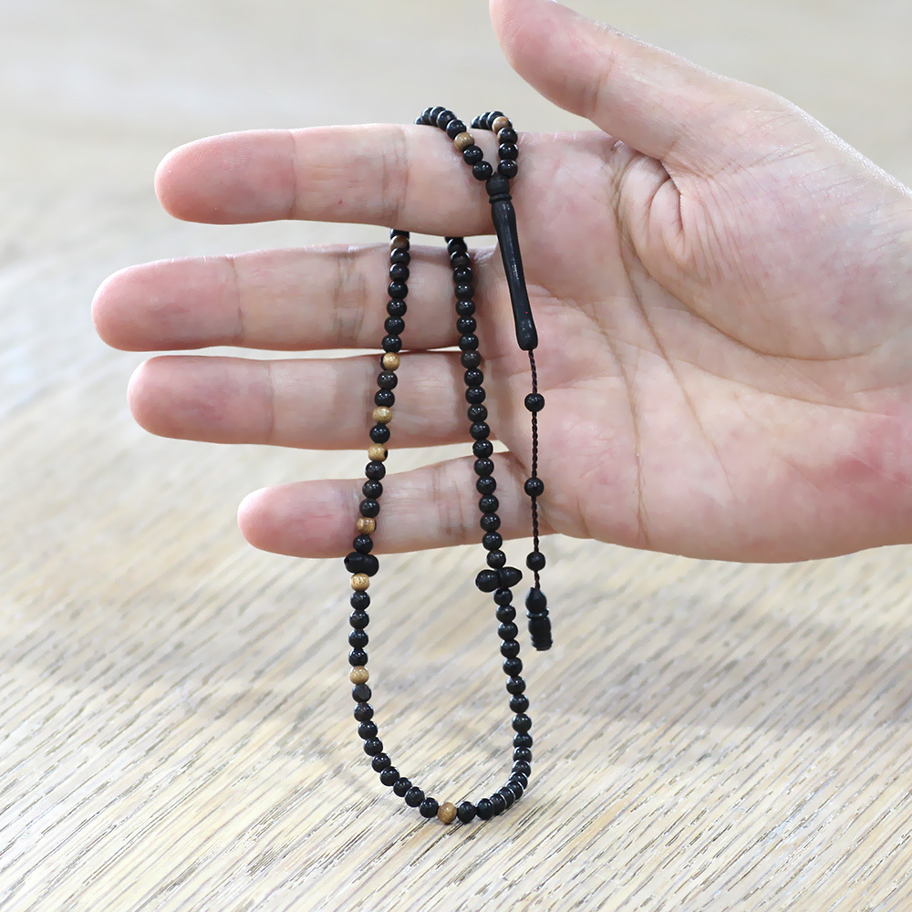 Abanoz Ağacı Namaz Tesbihi - Siyah Beyaz Renk - Sistemli - Küre Kesim - 2