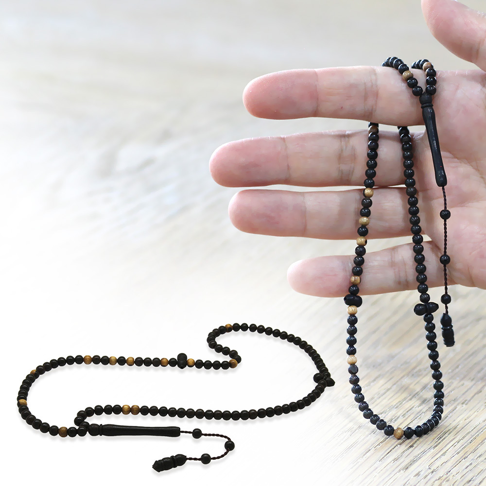 Abanoz Ağacı Namaz Tesbihi - Siyah Beyaz Renk - Sistemli - Küre Kesim - 1
