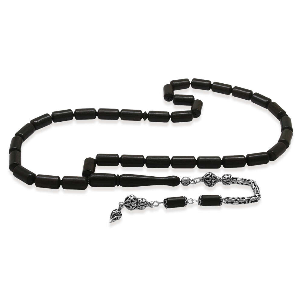 Abanoz Ağacı Tesbih - 925 Ayar Gümüş Kral Zincir Püsküllü - Siyah Renk - Kapsül Kesim - 4