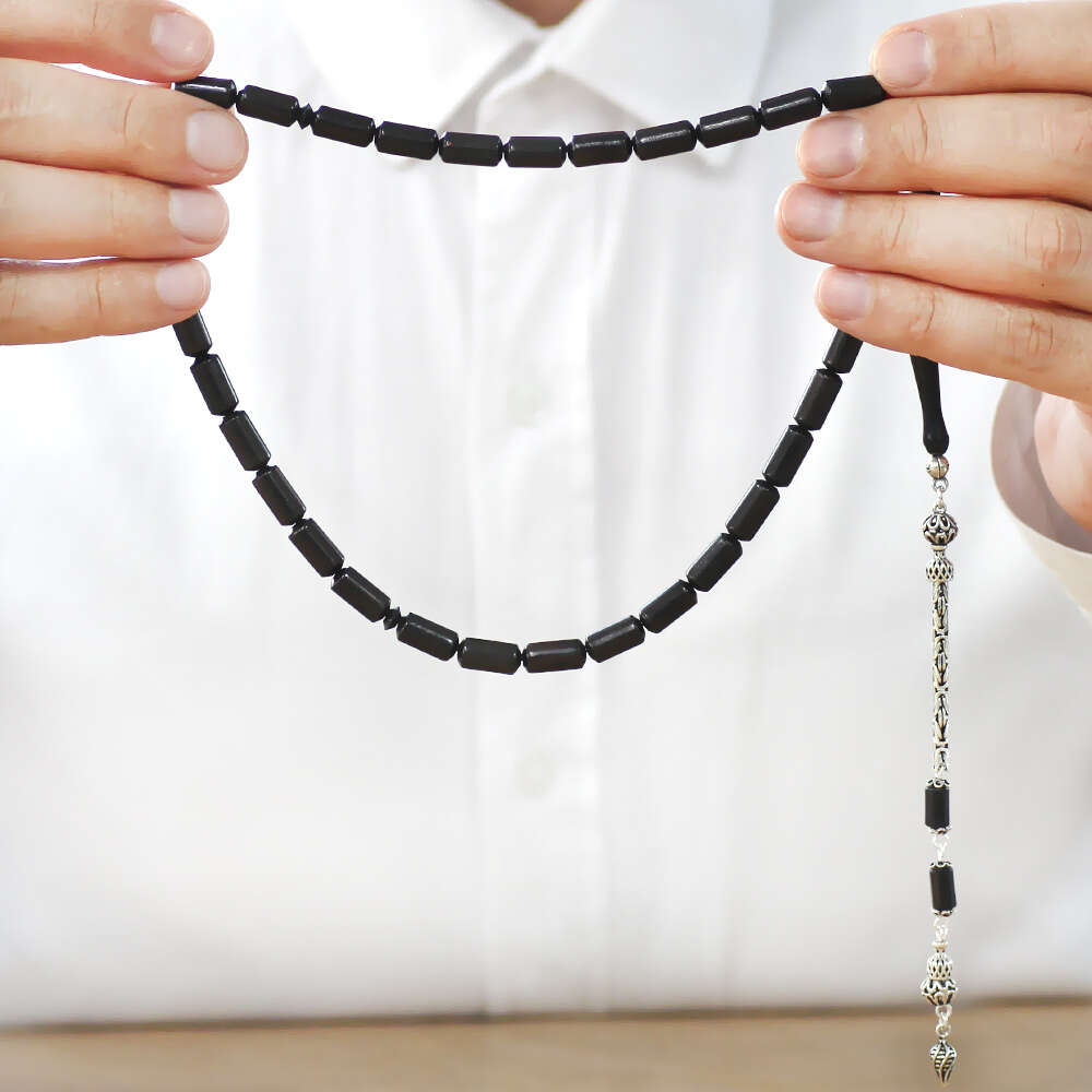 Abanoz Ağacı Tesbih - 925 Ayar Gümüş Kral Zincir Püsküllü - Siyah Renk - Kapsül Kesim - 3