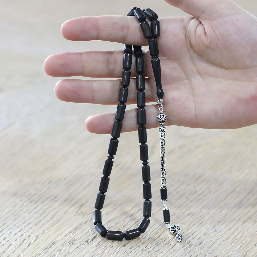 Abanoz Ağacı Tesbih - 925 Ayar Gümüş Kral Zincir Püsküllü - Siyah Renk - Kapsül Kesim - 2