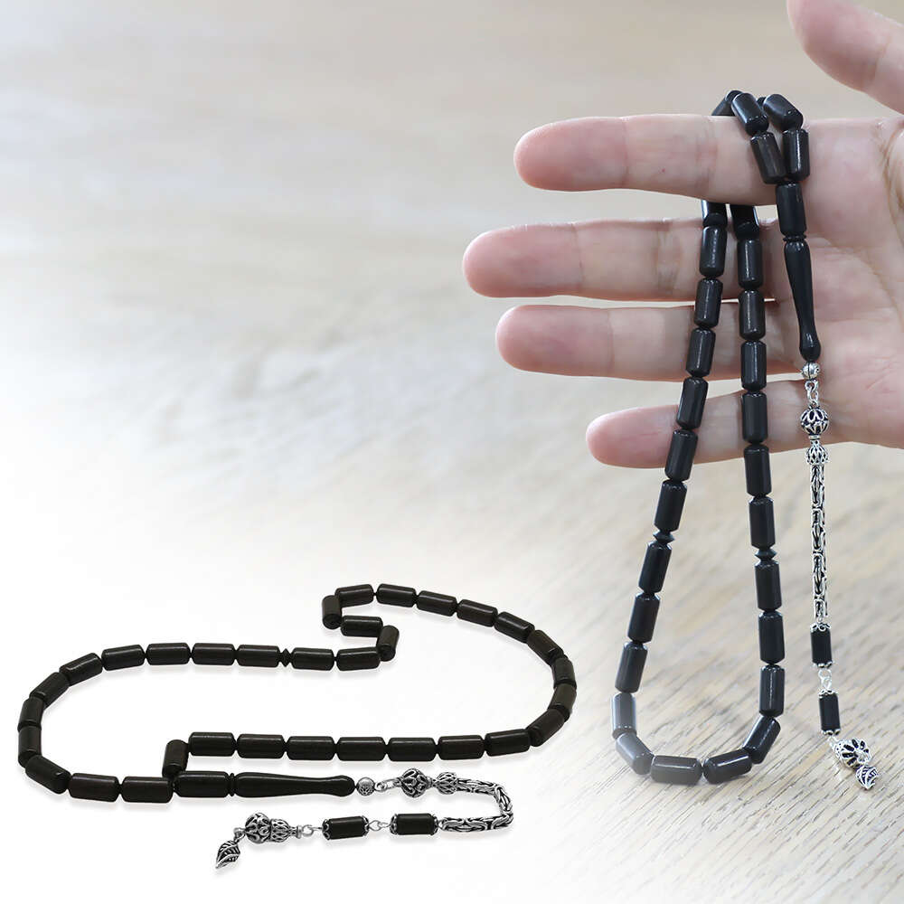 Abanoz Ağacı Tesbih - 925 Ayar Gümüş Kral Zincir Püsküllü - Siyah Renk - Kapsül Kesim - 1