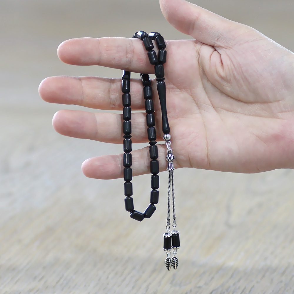 Abanoz Ağacı Tesbih - 925 Ayar Gümüş Püsküllü - Siyah Renk - Kapsül Kesim - 2