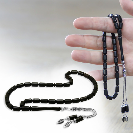 Abanoz Ağacı Tesbih - 925 Ayar Gümüş Püsküllü - Siyah Renk - Kapsül Kesim - Tesbihane