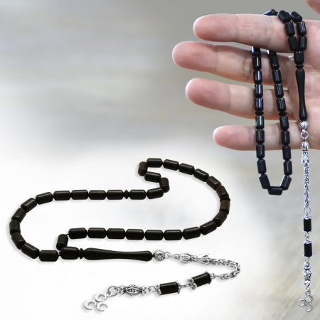 Abanoz Ağacı Tesbih - Kararmaz Metal Arnavut Püsküllü - Siyah Renk - Kapsül Kesim - Tesbihane