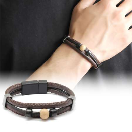 Ahşap Boncuklu Üç Sıra Kahverengi Deri-Çelik Kombinli Erkek Bileklik - STOKYOK