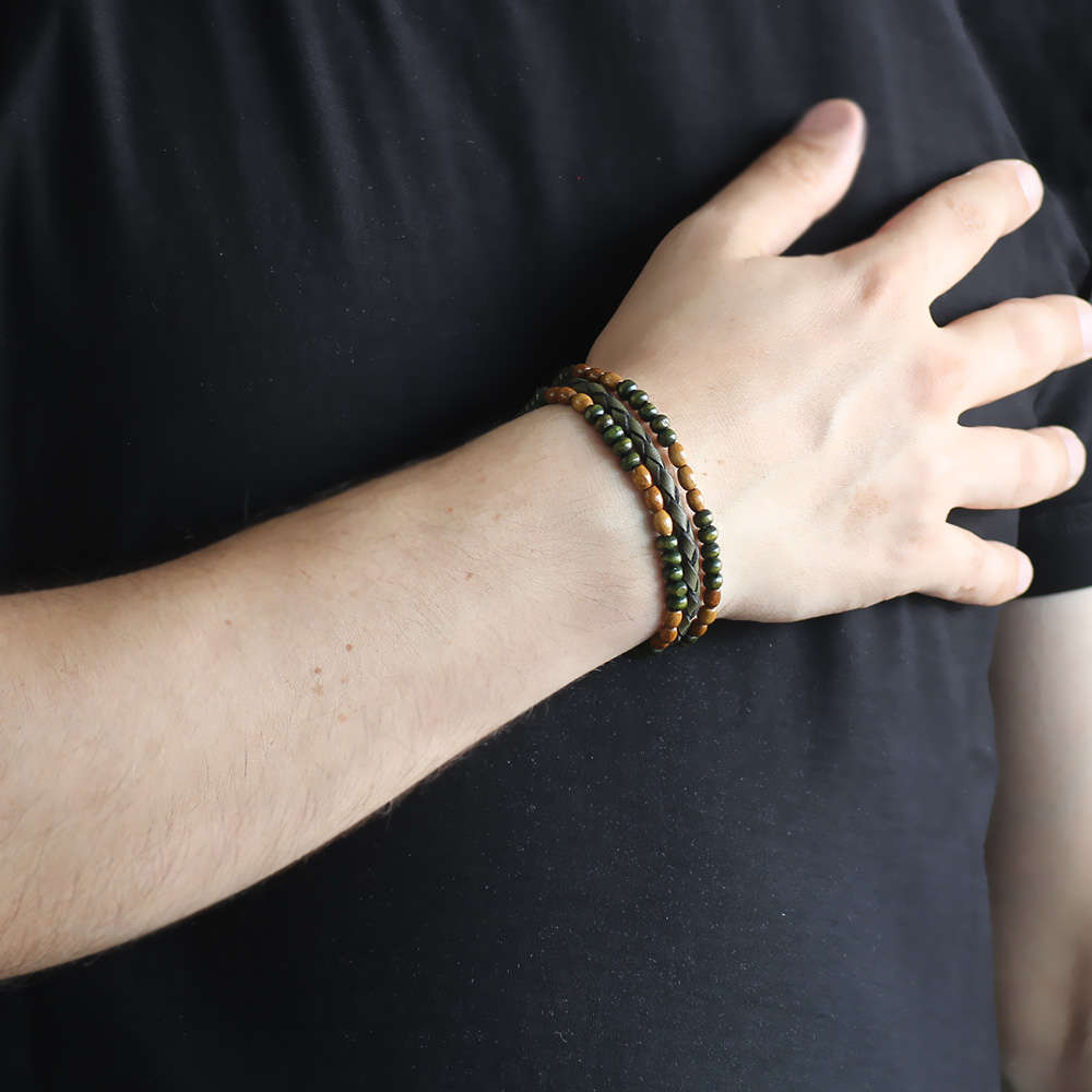 Ahşap Taşlı Sarı Yeşil Renk Deri Ahşap Erkek Bileklik - 2