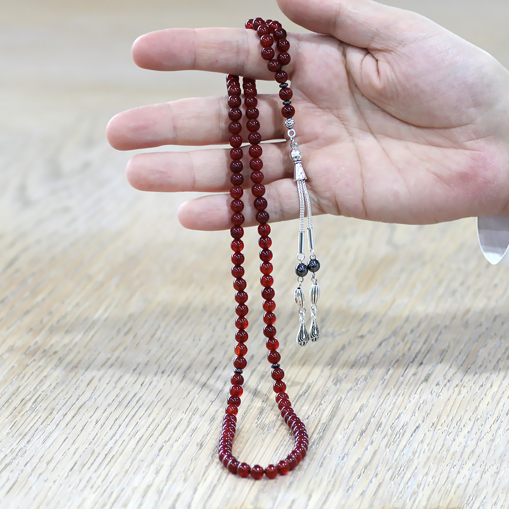Akik Doğaltaş Namaz Tesbihi - Kararmaz Metal Damla Püsküllü - Kırmızı Renk - Küre Kesim - 3