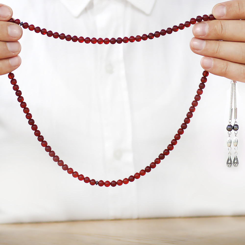 Akik Doğaltaş Namaz Tesbihi - Kararmaz Metal Damla Püsküllü - Kırmızı Renk - Küre Kesim - 4