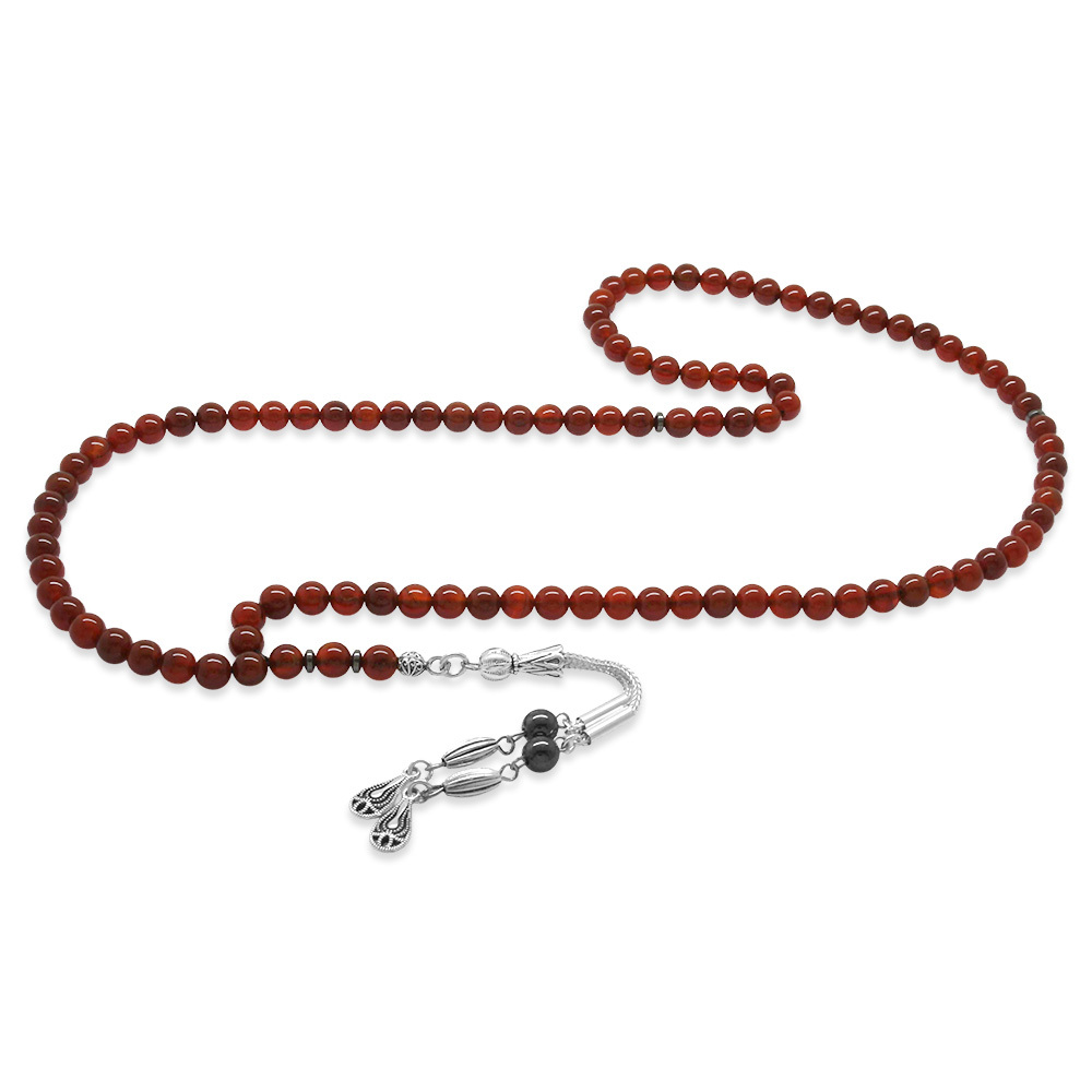 Akik Doğaltaş Namaz Tesbihi - Kararmaz Metal Damla Püsküllü - Kırmızı Renk - Küre Kesim - 5