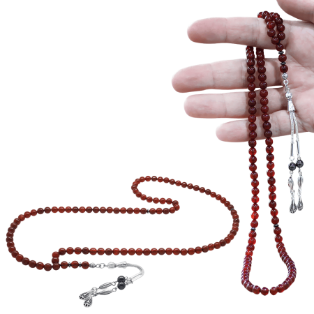 Akik Doğaltaş Namaz Tesbihi - Kararmaz Metal Damla Püsküllü - Kırmızı Renk - Küre Kesim - Tesbihane