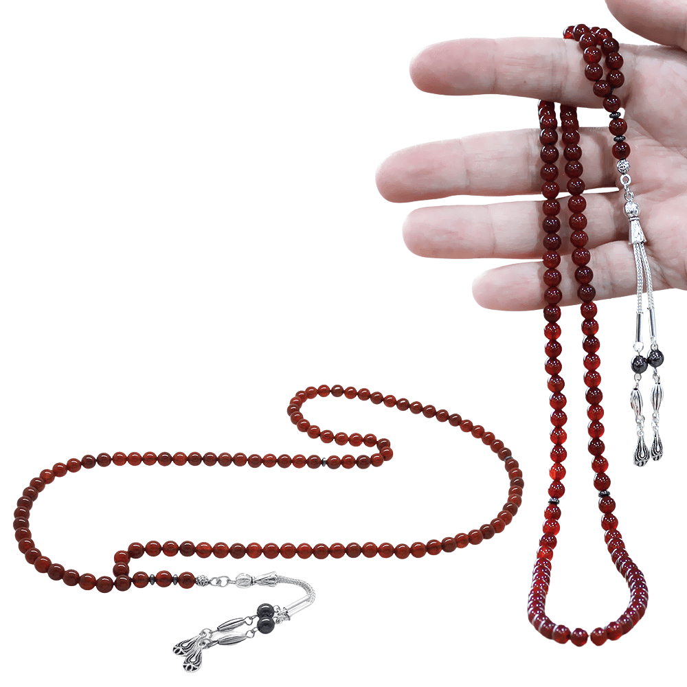 Akik Doğaltaş Namaz Tesbihi - Kararmaz Metal Damla Püsküllü - Kırmızı Renk - Küre Kesim - 1