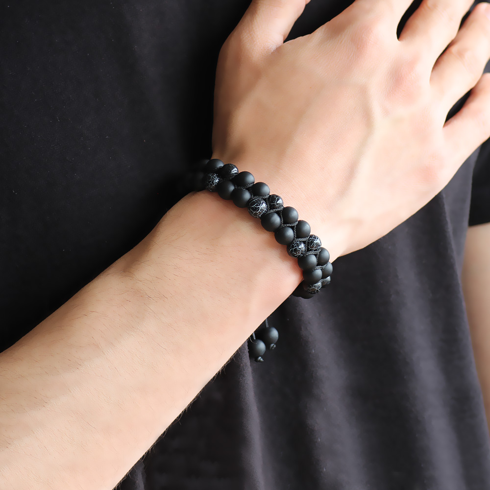 Makrome Örgü Çift Sıra Küre Kesim Akik-Oniks Doğaltaş Bileklik - 2