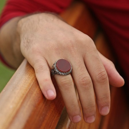 Akik Taşlı 925 Ayar Gümüş Vav Yüzük - Tesbihane