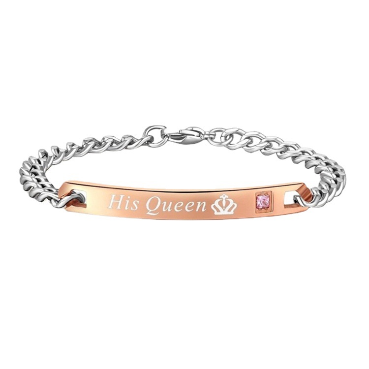 Alaşım Gümüş Kaplama Rose Siyah Plaka Üzerinde Onun Kralı Onun Kraliçesi Yazılı 2 li Bileklik Seti - 7