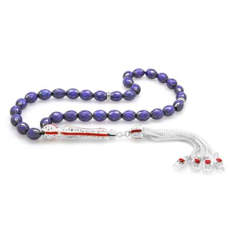 Alpaka Püsküllü Kırmızı Mineli Arpa Kesim His Taşı Tesbih - Tesbihane