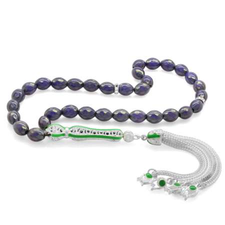 Alpaka Püsküllü Yeşil Mineli Arpa Kesim His Taşı Tesbih - Tesbihane