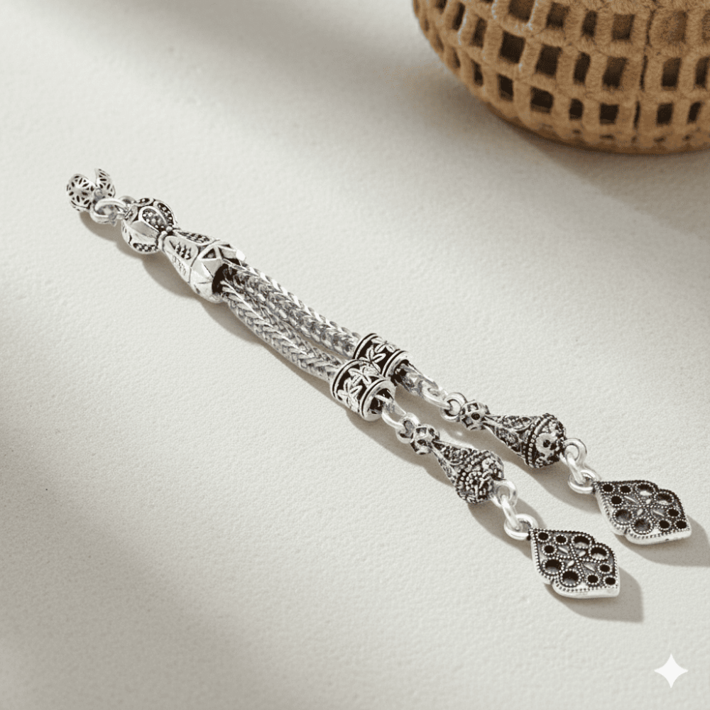 Altıgen Anadolu Motifi Temalı Foxtail Zincirli Çift Kamçılı Kararmaz Metal Püskül - 1