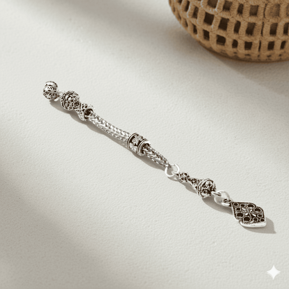 Altıgen Anadolu Motifi Temalı Foxtail Zincirli Tek Kamçılı Kararmaz Metal Püskül - 1