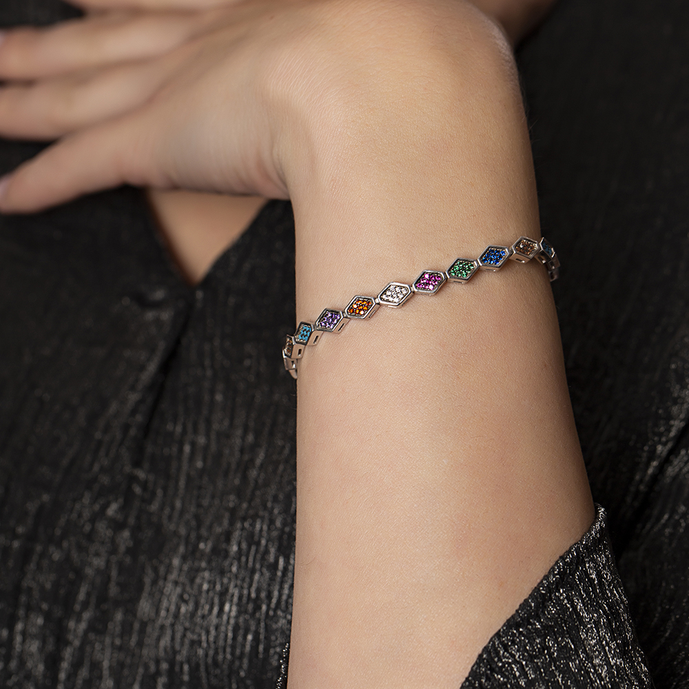 Altıgen Tasarım Çok Renkli Zirkon Taşlı Tam Tur 925 Ayar Gümüş Kadın Bileklik - 3
