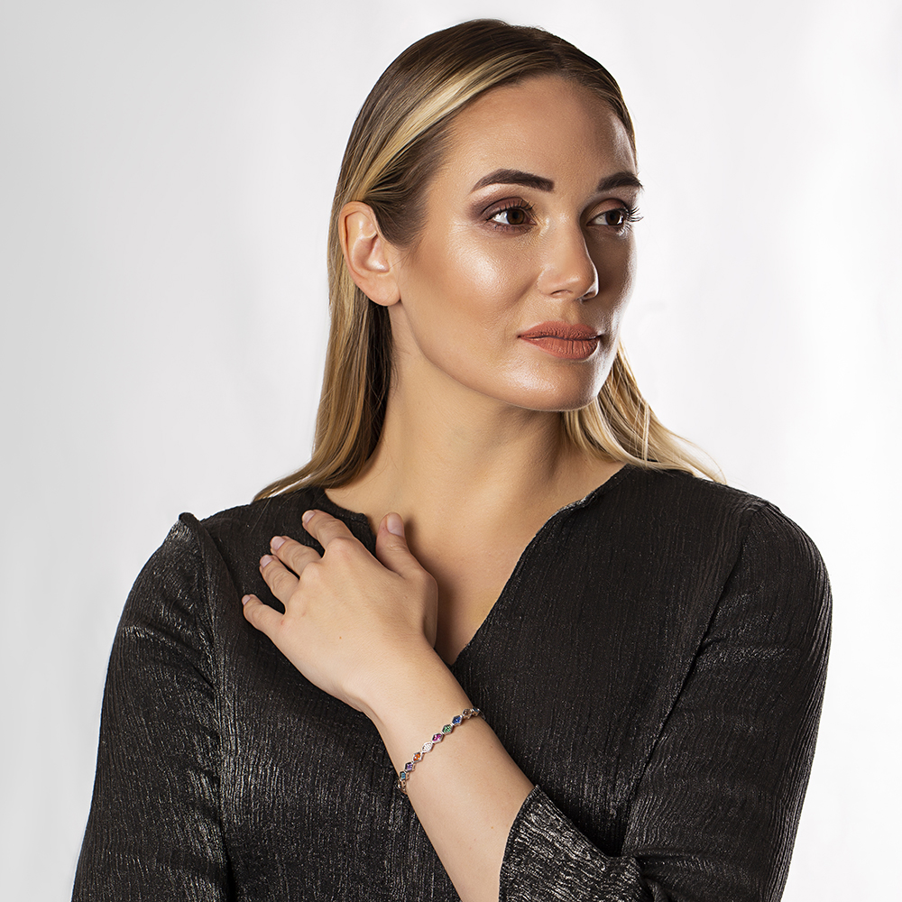 Altıgen Tasarım Çok Renkli Zirkon Taşlı Tam Tur 925 Ayar Gümüş Kadın Bileklik - 2