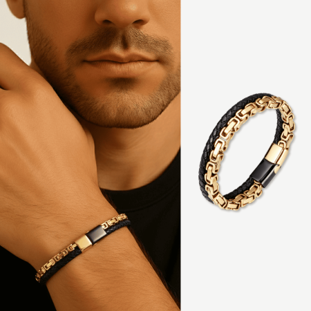 Altın Renk Kral Zincir Gerçek Deri Örgü Magnetic Tokalı 316L Kalite Çelik Mekanizmalı Erkek Bileklik - Tesbihane