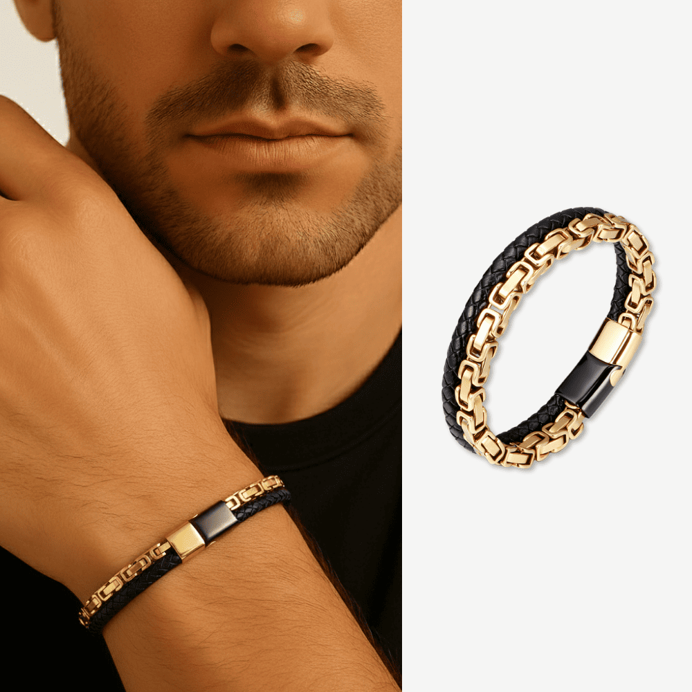 Altın Renk Kral Zincir Gerçek Deri Örgü Magnetic Tokalı 316L Kalite Çelik Mekanizmalı Erkek Bileklik - 1