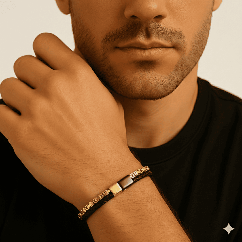 Altın Renk Kral Zincir Gerçek Deri Örgü Magnetic Tokalı 316L Kalite Çelik Mekanizmalı Erkek Bileklik - 2