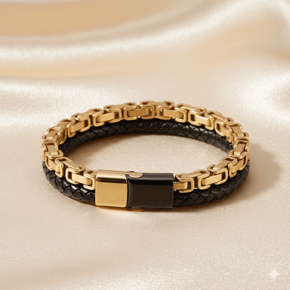 Altın Renk Kral Zincir Gerçek Deri Örgü Magnetic Tokalı 316L Kalite Çelik Mekanizmalı Erkek Bileklik - 3