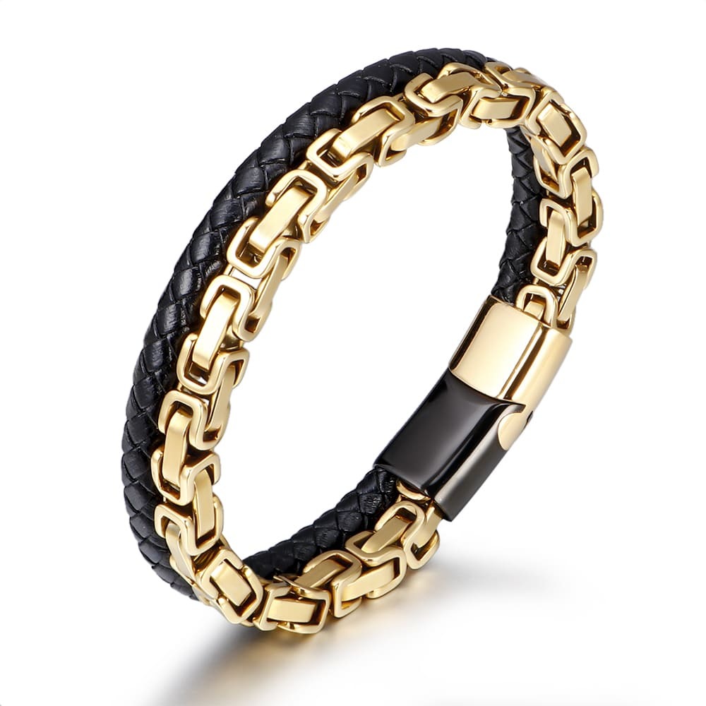 Altın Renk Kral Zincir Gerçek Deri Örgü Magnetic Tokalı 316L Kalite Çelik Mekanizmalı Erkek Bileklik - 4