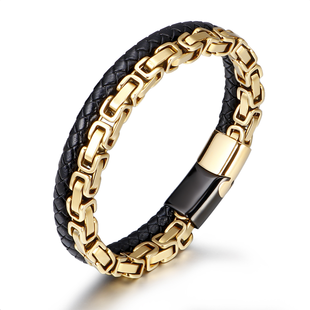 Altın Renk Kral Zincir Gerçek Deri Örgü Magnetic Tokalı 316L Kalite Çelik Mekanizmalı Erkek Bileklik - 5