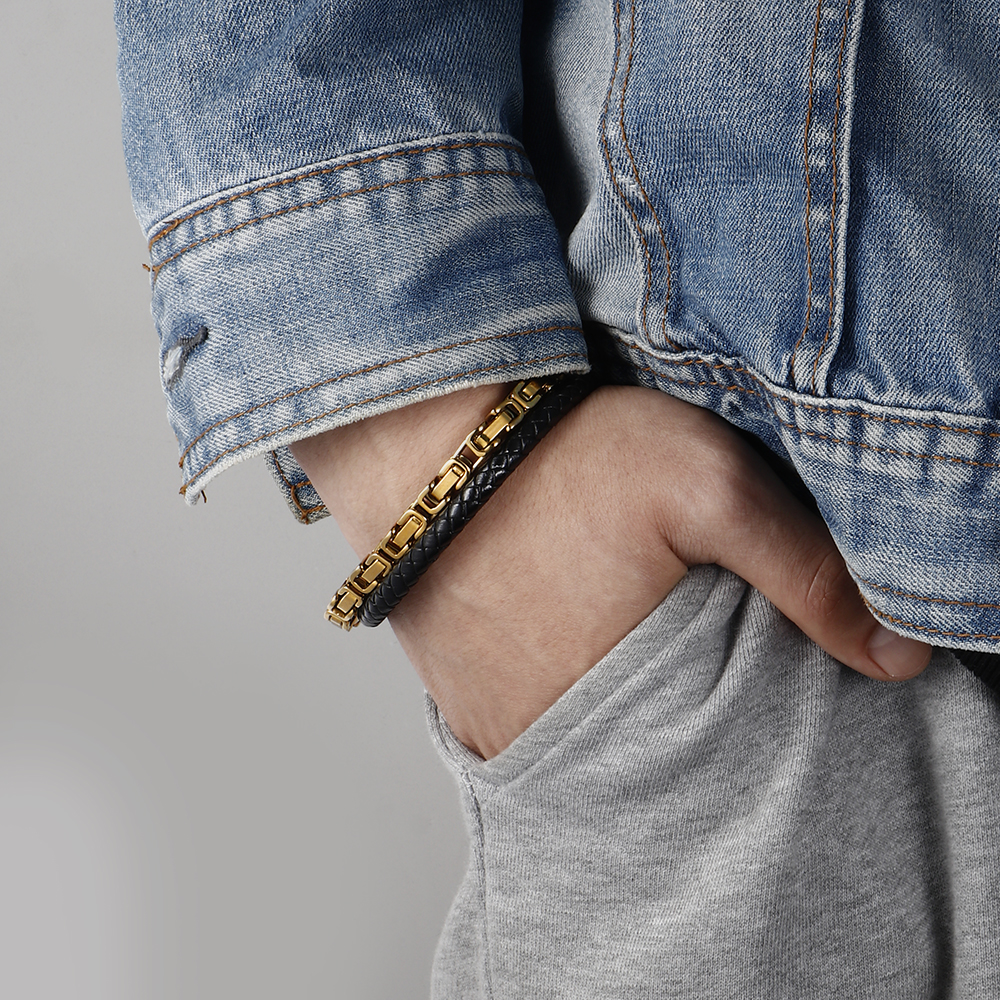 Altın Renk Kral Zincir Gerçek Deri Örgü Magnetic Tokalı 316L Kalite Çelik Mekanizmalı Erkek Bileklik - 6