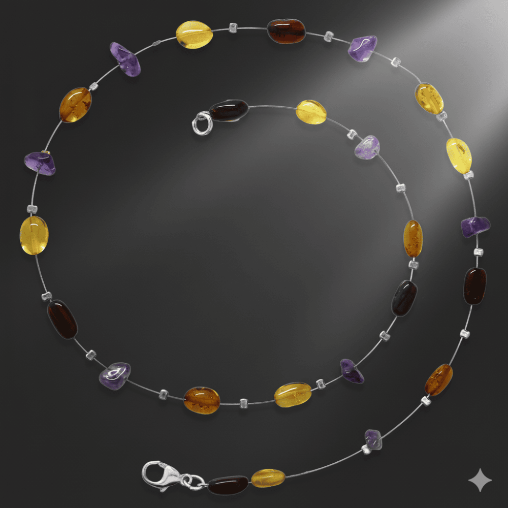 Ametist Taş Süslemeli 925 Ayar Gümüş Papağan Mekanizmalı Çok Renkli Doğal Damla Kehribar Kadın Kolye - 3