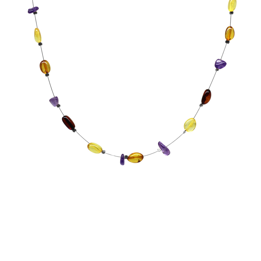 Ametist Taş Süslemeli 925 Ayar Gümüş Papağan Mekanizmalı Çok Renkli Doğal Damla Kehribar Kadın Kolye - 5